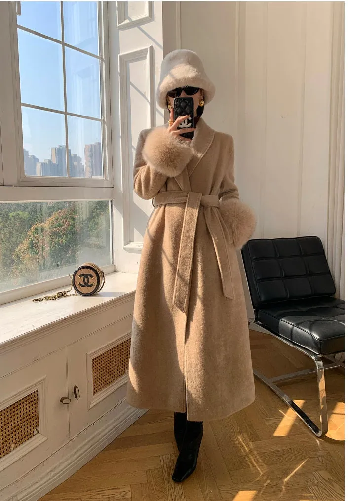 Beige WANXO vegann fur waist tie woolen coat new fashion medium and long woolen coat- Katy