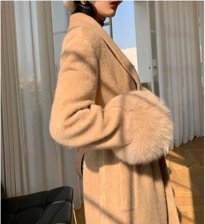 Beige WANXO vegann fur waist tie woolen coat new fashion medium and long woolen coat- Katy