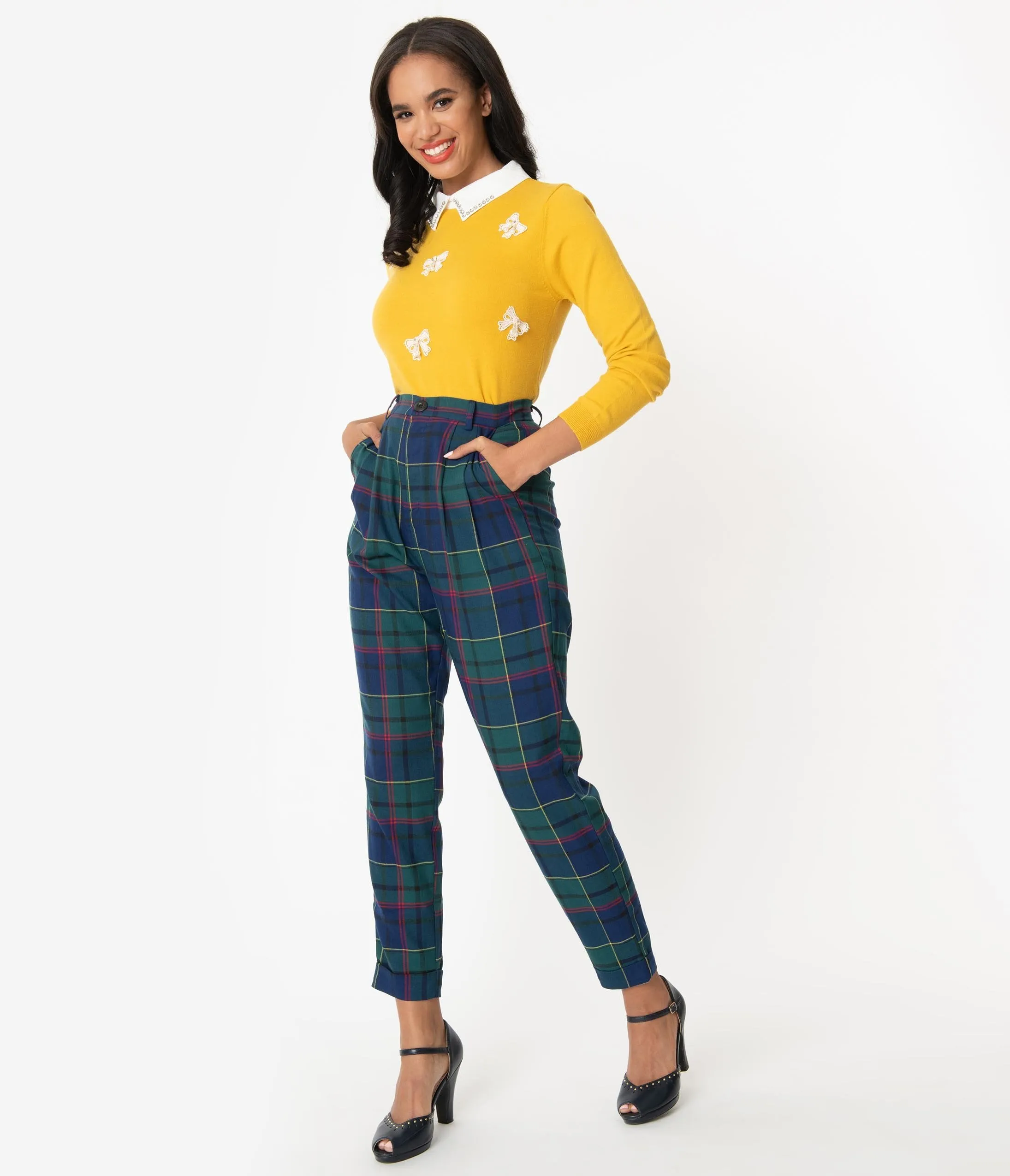 Bright & Beautiful Navy & Green Plaid Skye Scotty Cropped Pants