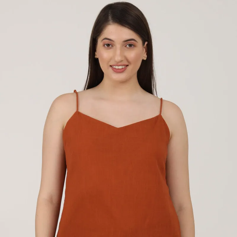 Cotton Linen Co Ord Set for Women | Rust & Navy | Slip Top & Pants