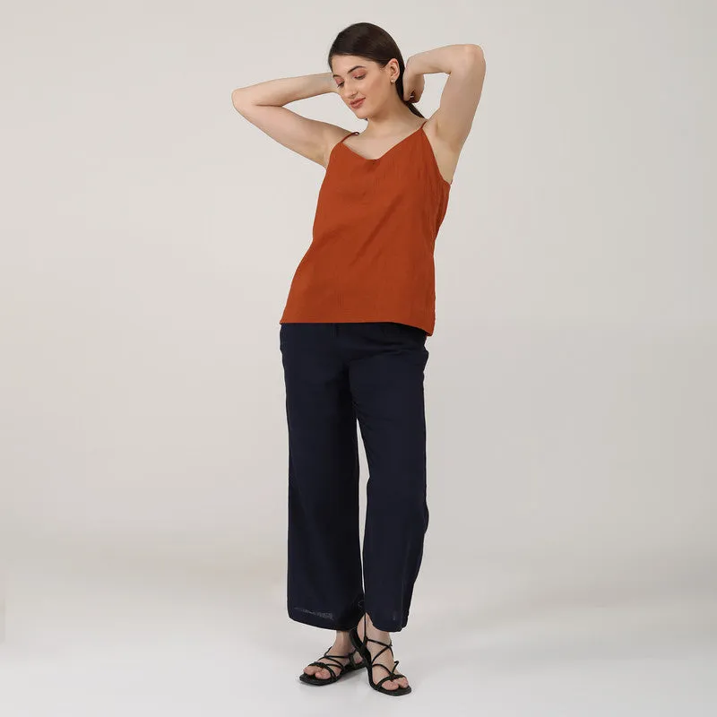 Cotton Linen Co Ord Set for Women | Rust & Navy | Slip Top & Pants