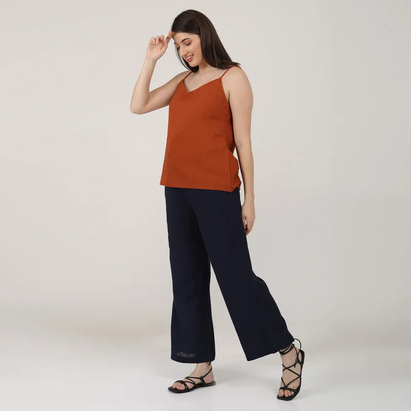 Cotton Linen Co Ord Set for Women | Rust & Navy | Slip Top & Pants