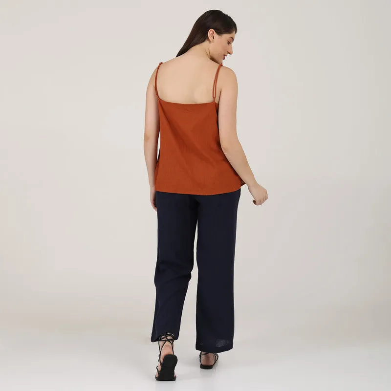 Cotton Linen Co Ord Set for Women | Rust & Navy | Slip Top & Pants