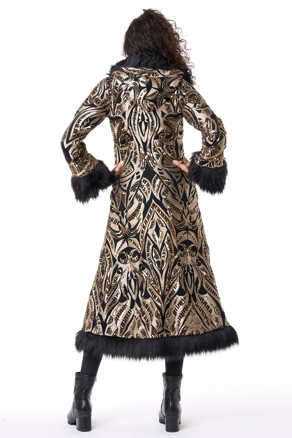 Deluxe Tamo Coat: Gold Phoenix Sequin   Black Faux Fur Trim