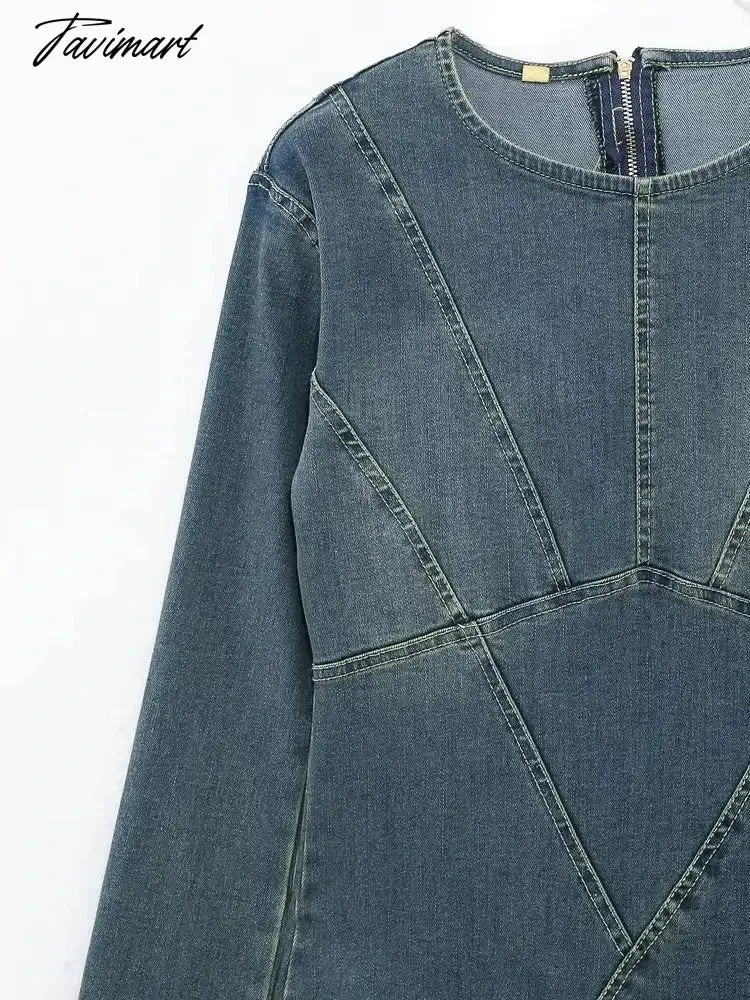 TAVIMART  Denim Maxi Dress Women Blue Split Long Sleeve Loose Long Dresses Female Fashion Round Neck Streetwear Dress Sping Summer