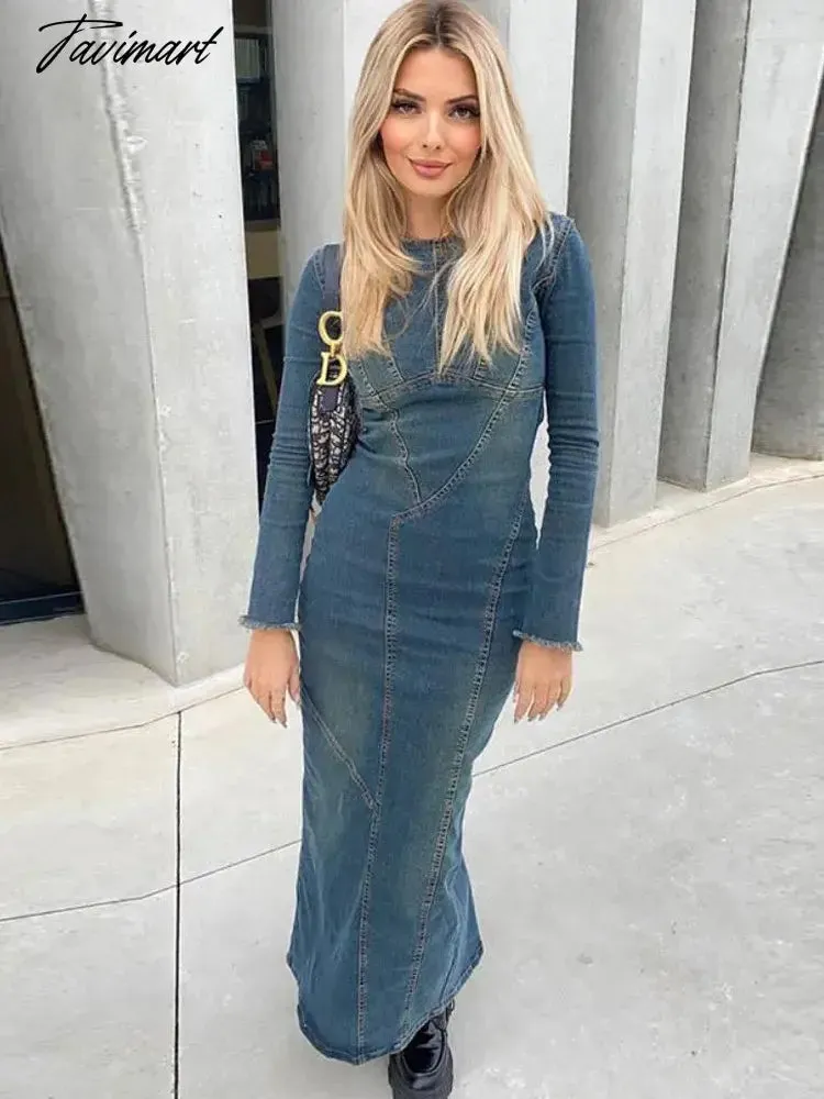 TAVIMART  Denim Maxi Dress Women Blue Split Long Sleeve Loose Long Dresses Female Fashion Round Neck Streetwear Dress Sping Summer