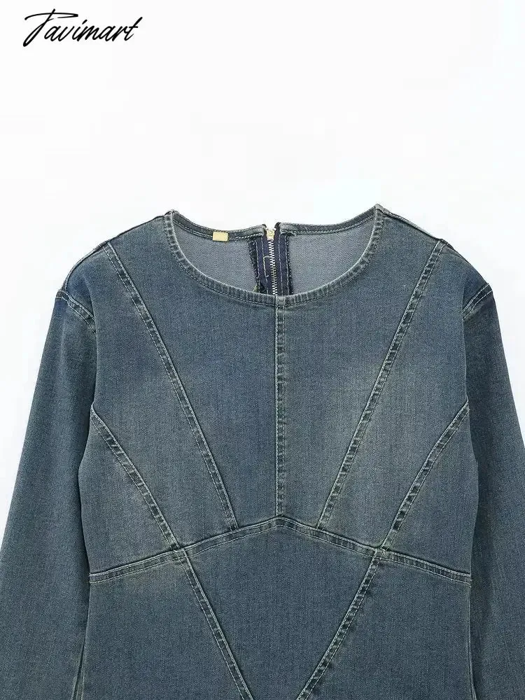 TAVIMART  Denim Maxi Dress Women Blue Split Long Sleeve Loose Long Dresses Female Fashion Round Neck Streetwear Dress Sping Summer