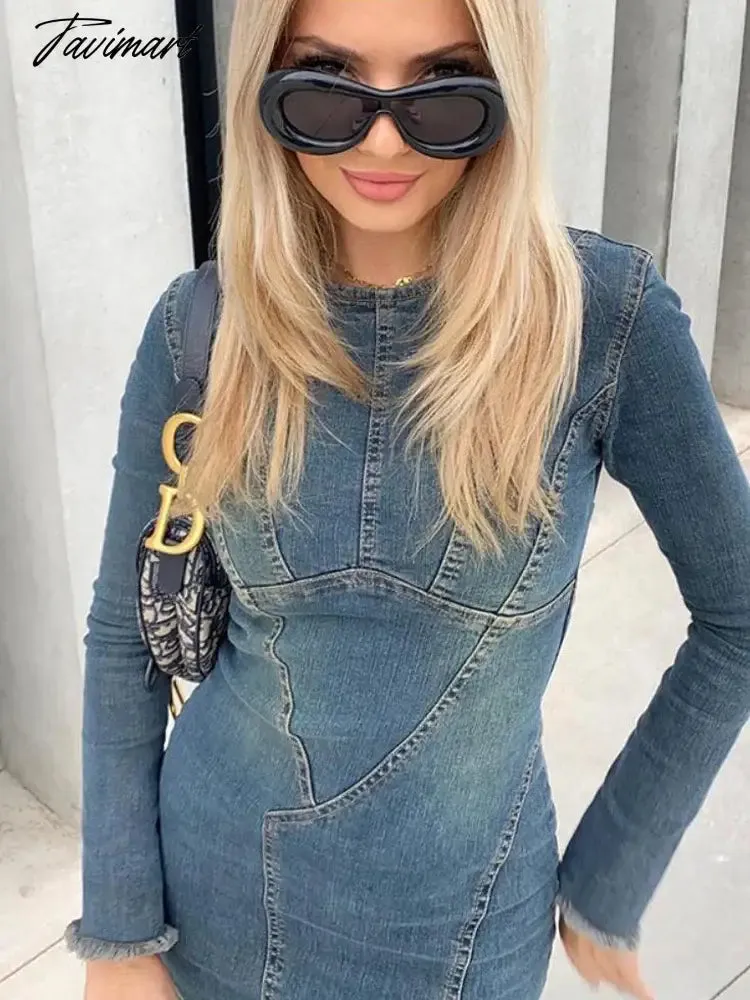 TAVIMART  Denim Maxi Dress Women Blue Split Long Sleeve Loose Long Dresses Female Fashion Round Neck Streetwear Dress Sping Summer
