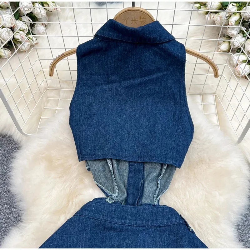 TAVIMART  -  Denim Split Long Dresses For Women Hollow Out Sleeveless Lapel Single-breasted Pockets Maxi Dress Summer Fashion Streetwear