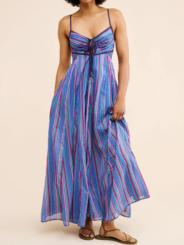 TAVIMART  -  V-Neck Casual Backless Fashion Party Dress, Women Summer Lace-Up Sleeveless Maxi Dress, Printing Loose Ladies Dress Streetwear
