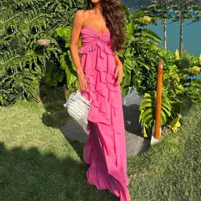 TAVIMART  -  Women Maxi Dress Summer Elegant Solid Sleeveless Strapless Nipped Waist Irregular Ruffled Tube Party Dresses Streetwear