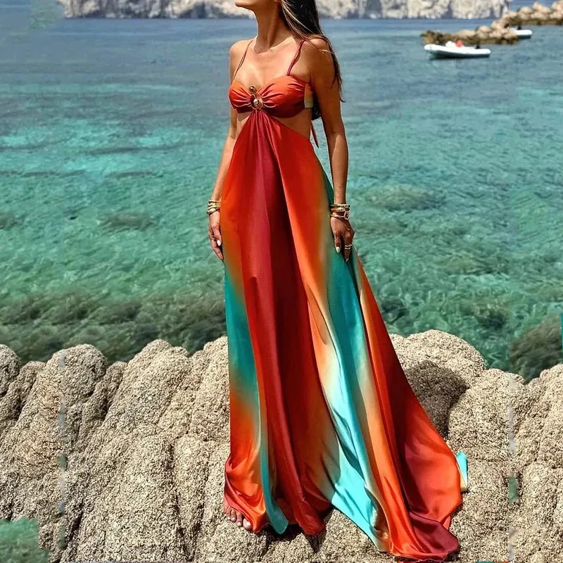 TAVIMART  -  Women's Maxi Dress Summer Elegant Sleeveless Halter Color Stitching Tie Backless Slim Beach Holiday Dresses Streetwear