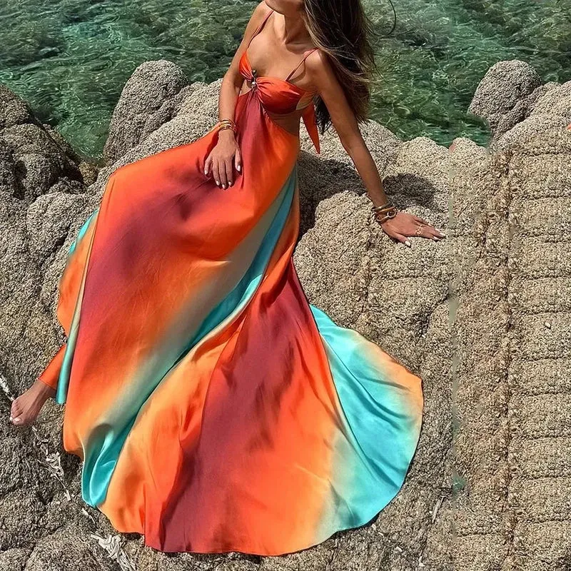 TAVIMART  -  Women's Maxi Dress Summer Elegant Sleeveless Halter Color Stitching Tie Backless Slim Beach Holiday Dresses Streetwear