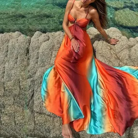 TAVIMART  -  Women's Maxi Dress Summer Elegant Sleeveless Halter Color Stitching Tie Backless Slim Beach Holiday Dresses Streetwear